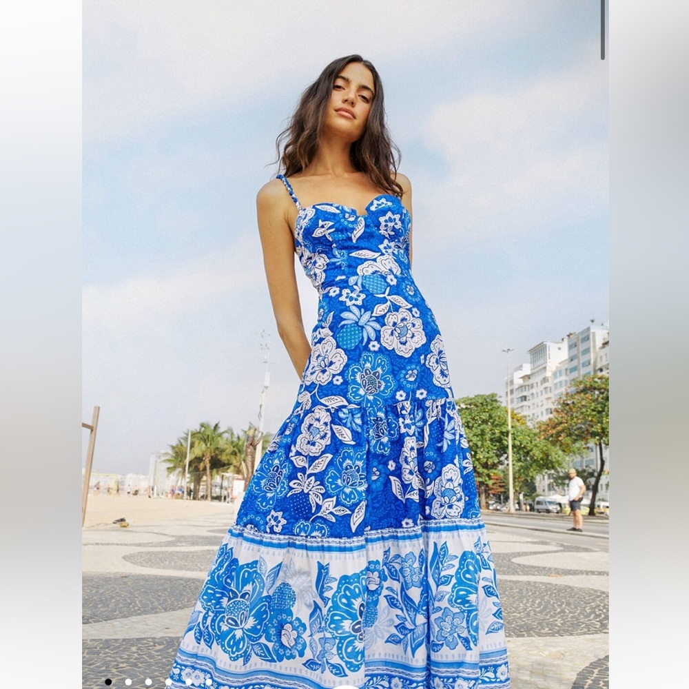 Farm Rio Full of Flowers Sweetheart Midi Dress blue white tropical size XL